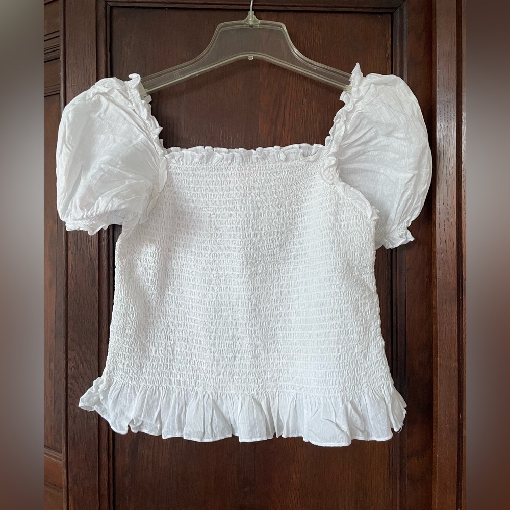 Crisp White Cotton Square Neck Smocked Short Sleeve Shirt Top Blouse nwot